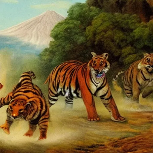 Prompt: A tiger, a turtle, an elephant, a rabbit and a fox running away from an erupting volcano