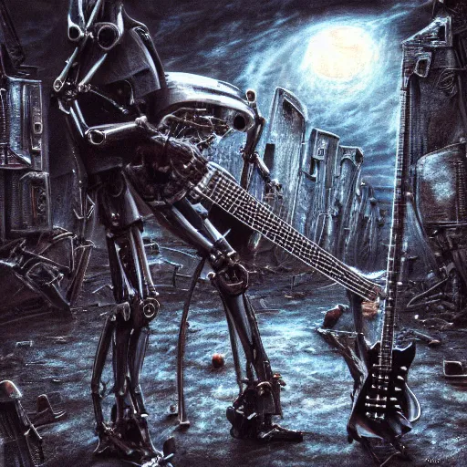 Image similar to death robot shredding guitar, standing in ruined burning street by Yoshitaka Amano, by HR Giger, biomechanical, 4k, hyper detailed, hyperrealism, anime, a Blood Moon rising on a Broken World, deviantart, artstation