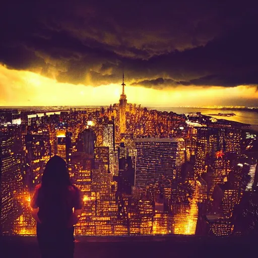 Prompt: “ a girl standing on a ledge looking down at a futuristic new york city below, bright city lights, storm clouds, rain, dramatic lighting, by rembrandt ”