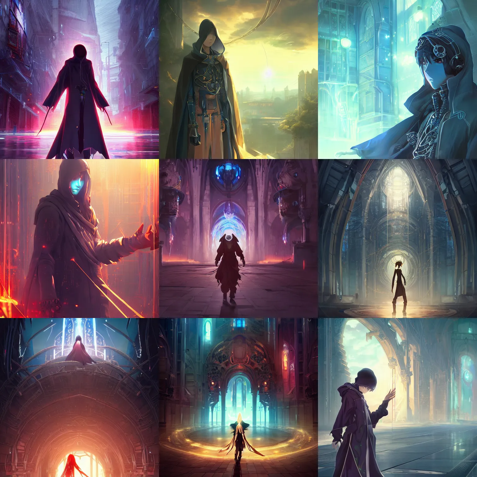 Prompt: 2.5D CGI anime fantasy artwork of a hooded intricate cybernetic sorcerer character with high quality glistening beautiful colors, rich moody atmosphere, omnipotent, megastructure realistic detailed background, portrait in the style of Makoto Shinkai and Greg Rutkowski