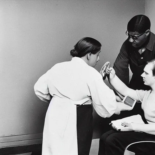 Prompt: a man sitting on a chair having his blood pressure measured by a nurse, color photograph