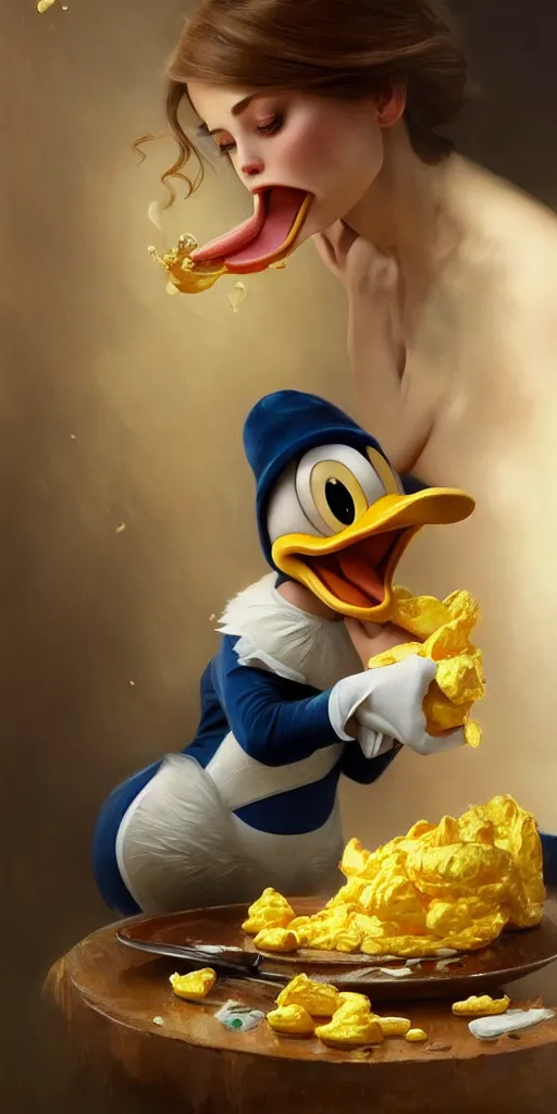 Image similar to realistic photography of a terrified donald duck eating scrambled eggs, deep focus, intricate, elegant, highly detailed, digital painting, artstation, concept art, matte, sharp focus, illustration, art by artgerm and greg rutkowski and alphonse mucha