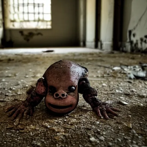 Prompt: an armless and legless midget monster crawling on the floor in an abandoned hospital