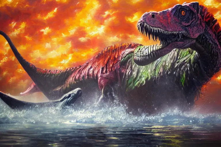 Image similar to highly detailed oil painting of a tyrannosaurus rex in a steaming colorful hotspring stream, featured on artstation