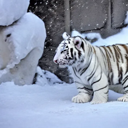 Image similar to a baby white tiger playing in the snow, cutest award winning picture