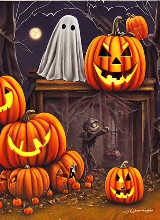 Prompt: a halloween scene with a ghost and pumpkins, an album cover by enguerrand quarton, behance contest winner, massurrealism, concert poster, macabre, poster art
