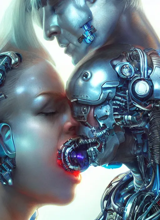 Prompt: ultra realistic close - up of a couple of cyborgs kissing, lovers, faces, cyberpunk, sci - fi, fantasy, led color, flare, soft light, night, highly detailed, digital painting, concept art, sharp focus, illustration, art by artgerm and greg rutkowski and h. r. giger,