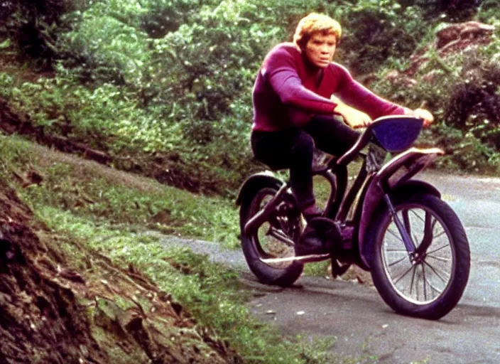 Image similar to film still of thanos riding a small childrens bike down a steep mountain road in the goonies 1 9 8 5