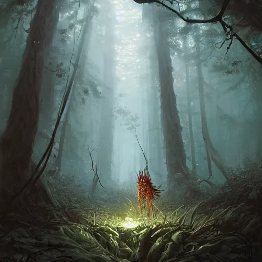 Image similar to highly detailed creepy forest humanoide creature in robes, stephen bliss, unreal engine, fantasy art by greg rutkowski, loish, rhads, ferdinand knab, makoto shinkai and lois van baarle, ilya kuvshinov, rossdraws, tom bagshaw, global illumination, radiant light, detailed and intricate environment