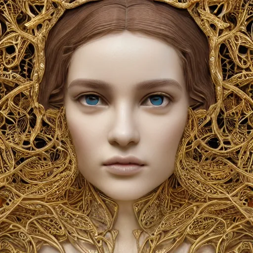 Image similar to Ultra detailed beautiful 3d render of a marble statue, beautiful woman face, long shiny hair, symmetrical composition, macro, intricate thin details in gold, crown made of fantasy flowers and leaves, fractal vines, octane render, 8k, high quality, volumetric lighting, color grading, trending on art station, by James Jean and WLOP and Victo Ngai and Craig Mullins