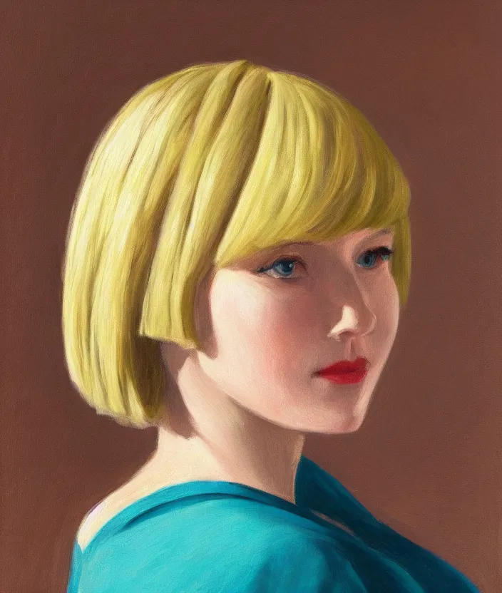 Prompt: a closeup portrait of woman with a blonde bob with bangs, frontal view, in the style of edward hopper, very fine brush strokes, 4 k,