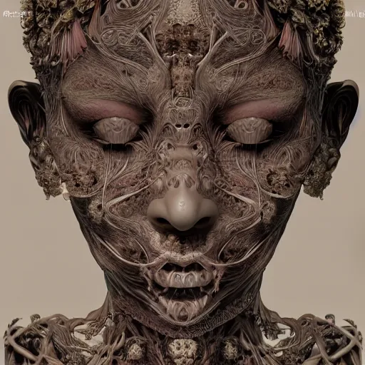 Image similar to beatifull frontal face portrait of a woman, 150mm, anatomical, flesh, flowers, mandelbrot fractal, symmetric, intricate, elegant, highly detailed, ornate, ornament, sculpture, elegant , luxury, beautifully lit, ray trace, octane render in the style of peter Gric and alex grey