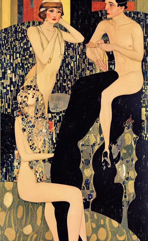 Prompt: an oil painting of jazz age high society life, 1920s style, smooth, highly detailed, high contrast, by Klimt, Coles Phillips, Dean Cornwell, JC Leyendecker, 8K
