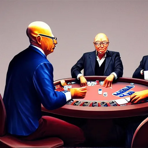 Image similar to UHD photorealistic Elon Musk playing poker with Satoshi Nakamoto, Klaus Schwab, and Bill Gates, hyperrealistic, correct details, studio lighting, symmetrical faces, accurate faces, by Greg Rutkowski