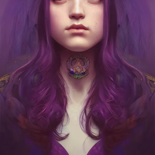 Prompt: portrait of a young girl with a dark purple parrot, upper body, long hair, intricate, elegant, highly detailed, digital painting, artstation, concept art, matte, sharp focus, illustration, art by artgerm and greg rutkowski and alphonse mucha