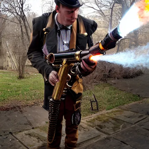 Prompt: long shot photo of a steampunk flamethrower