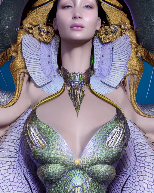 Image similar to a highly detailed metahuman 4 k close up render of an alien goddess bella hadid monument festival makeup in iris van herpen dress schiaparelli in diamonds crystals swarovski and jewelry iridescent in style of alphonse mucha gustav klimt trending on artstation made in unreal engine 4