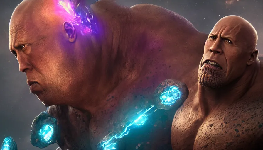 Image similar to Dwayne Johnson is Thanos, hyperdetailed, artstation, cgsociety, 8k