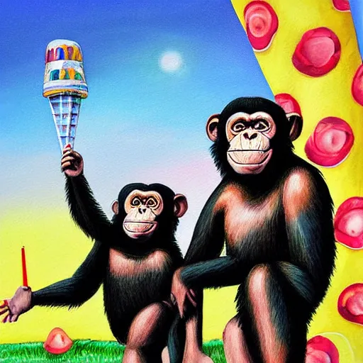 Image similar to a detailed art painting chimpanzee photograph of two chimpanzees!!! worshiping a giant ice cream cone sent by aliens that chimpanzees are worshiping, at dawn. by digital artists.