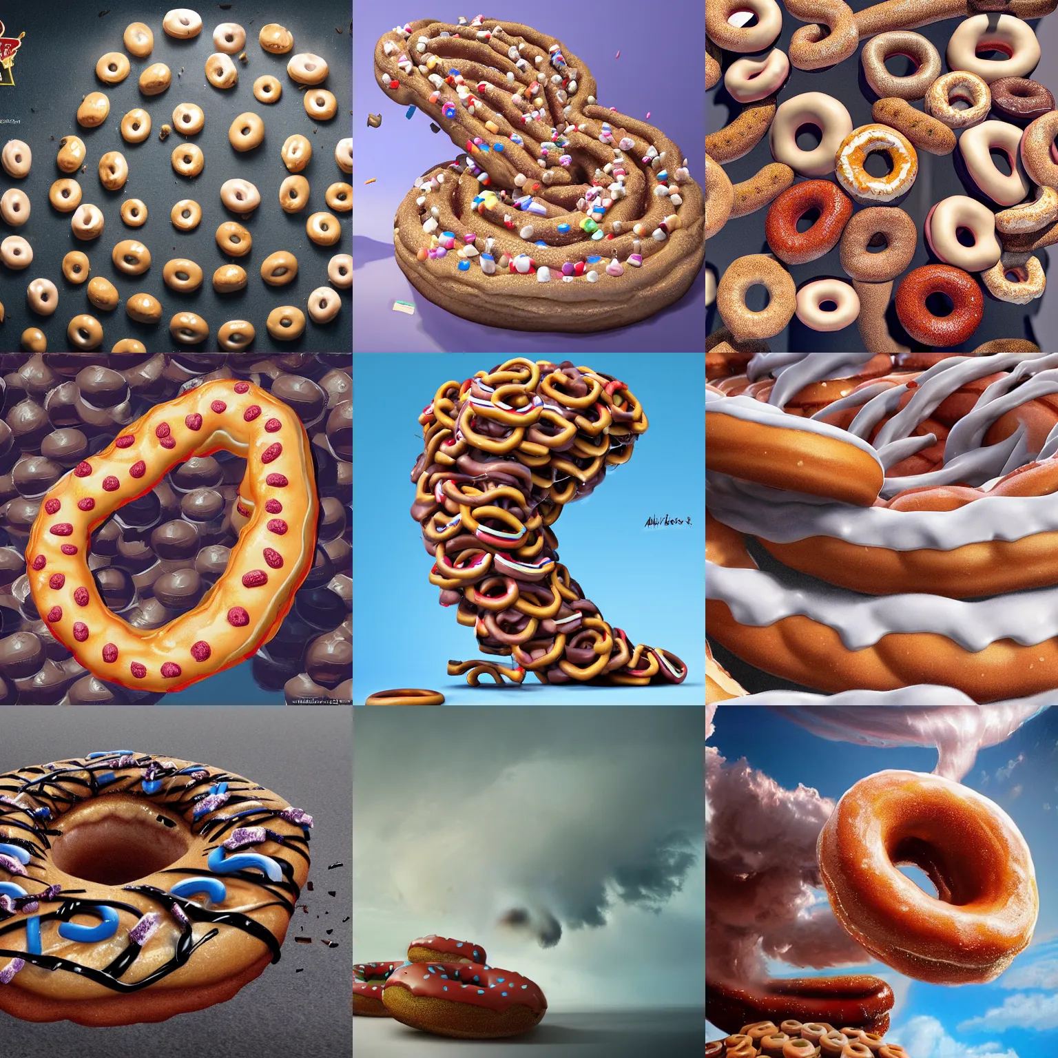 Prompt: a tornado made of donuts, hyper realistic, trending on artstation