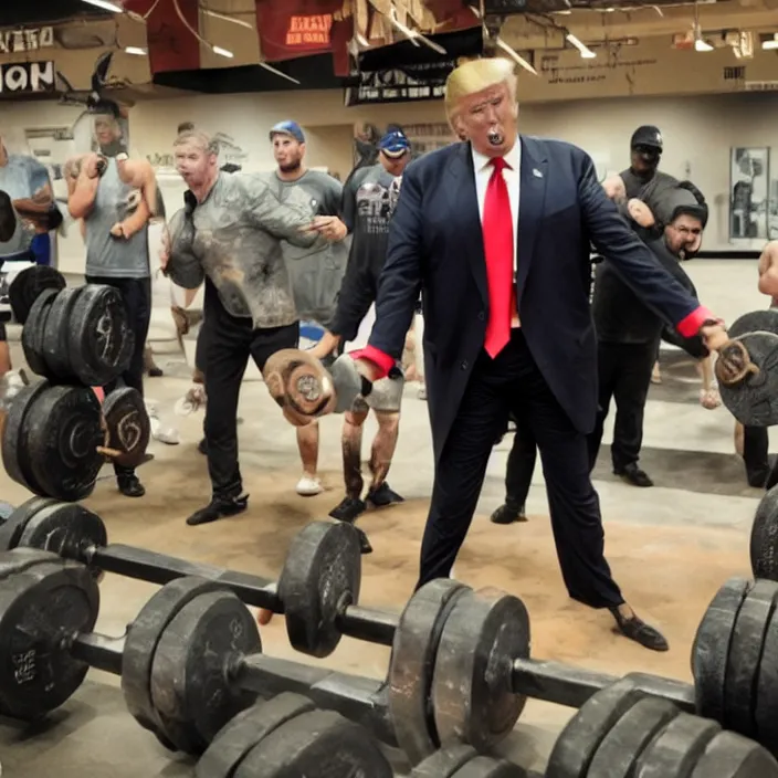 Prompt: zombie donald trump jr. throwing dumbells at meatheads inside a gold's gym