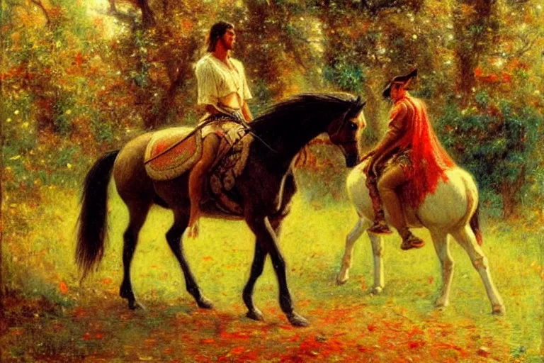 Image similar to attractive man riding a horse in the woods with falling red leaves, painting by gaston bussiere, ghibli style