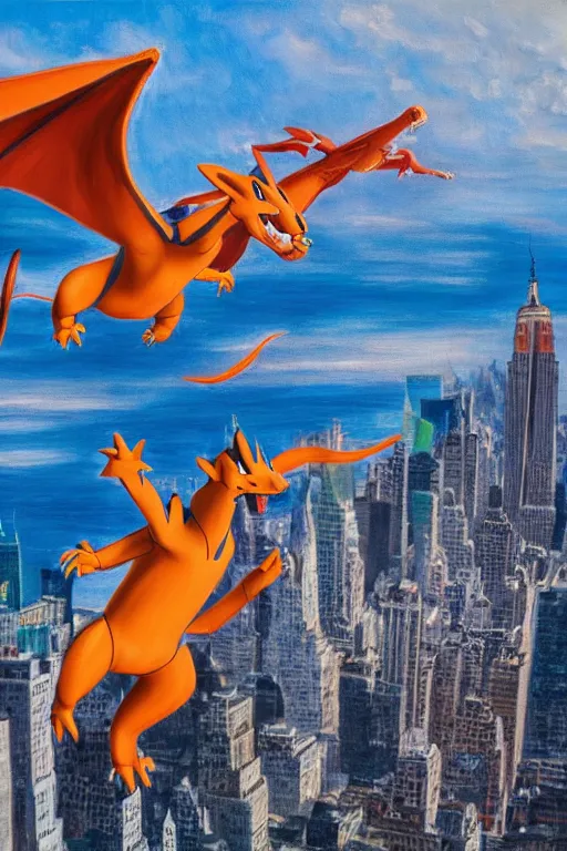 Image similar to charizard flying above new york, oil on canvas, intricate, 8 k highly professionally detailed, hdr, cgsociety