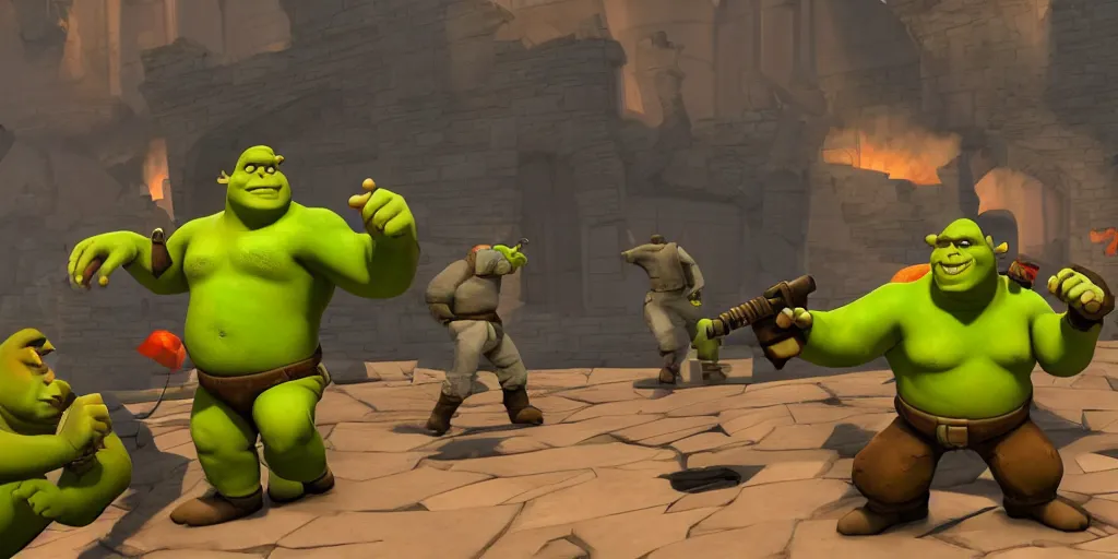 Image similar to shrek in team fortress 2 on the red team playing upward, realistic 4 k octane beautifully detailed render, 4 k post - processing, highly detailed, intricate complexity, epic composition, magical atmosphere, cinematic lighting, masterpiece, ultra hd