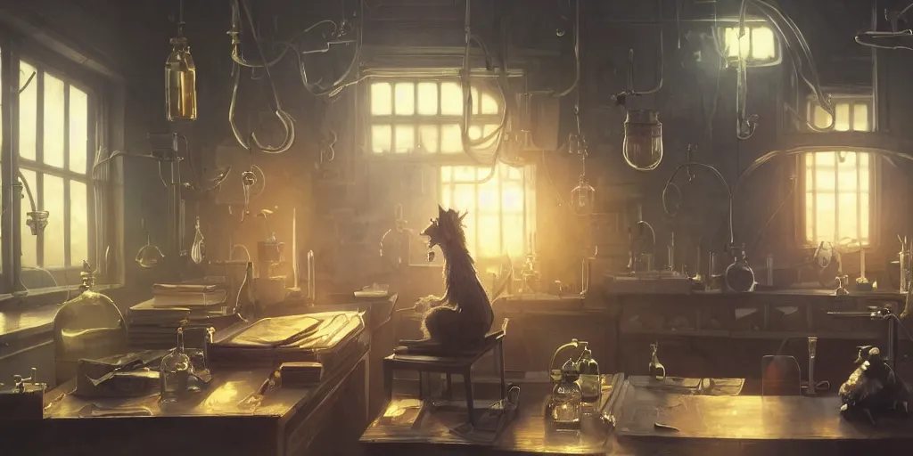 Image similar to humanoid rat in a laboratory sitting at a desk with lots of flasks filled with magic liquids and poisonous fog, stephen bliss, unreal engine, fantasy art by greg rutkowski, loish, rhads, ferdinand knab, ilya kuvshinov, rossdraws, tom bagshaw, global illumination, radiant soft light, detailed and intricate environment