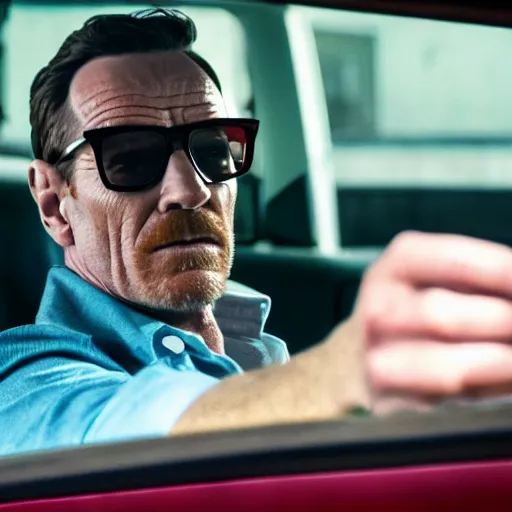 Image similar to film still of Bryan Cranston as Buddy in Baby Driver (2017 film), 4k, film grain