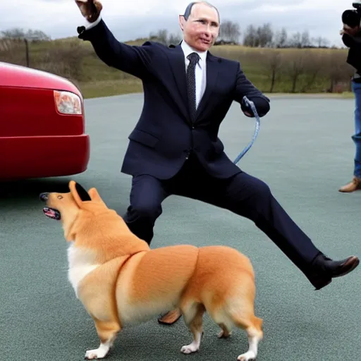 Prompt: vladimir putin riding on a corgi dog