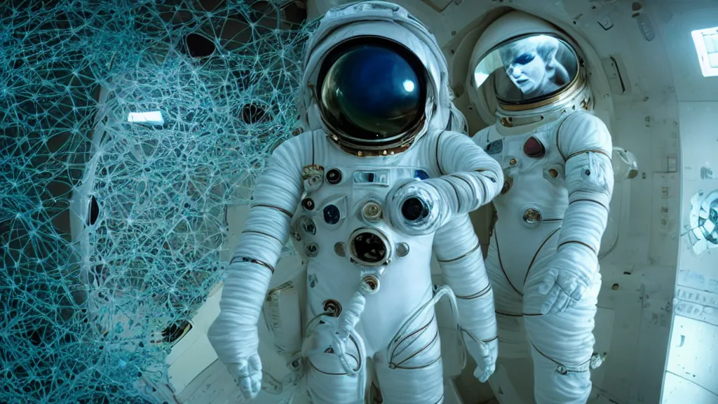 Image similar to a cybernetic symbiosis of a single astronaut eva suit made of wearing knitted yarn thread infected with diamond 3d fractal lace iridescent bubble 3d skin covered with insectoid compound eye camera lenses floats through the living room, film still from the movie directed by Denis Villeneuve with art direction by Salvador Dalí, wide lens,