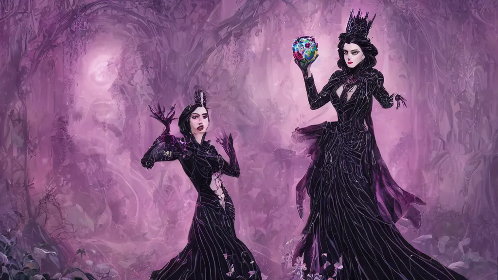 Image similar to evil queen holding up a crystal apple with both hands, wearing a black dress with big collar, a violet magical jungle in the background. in the style of magic the gathering, james jean, ross tran, craig mullins. yennefer vengerberg, magical atmosphere
