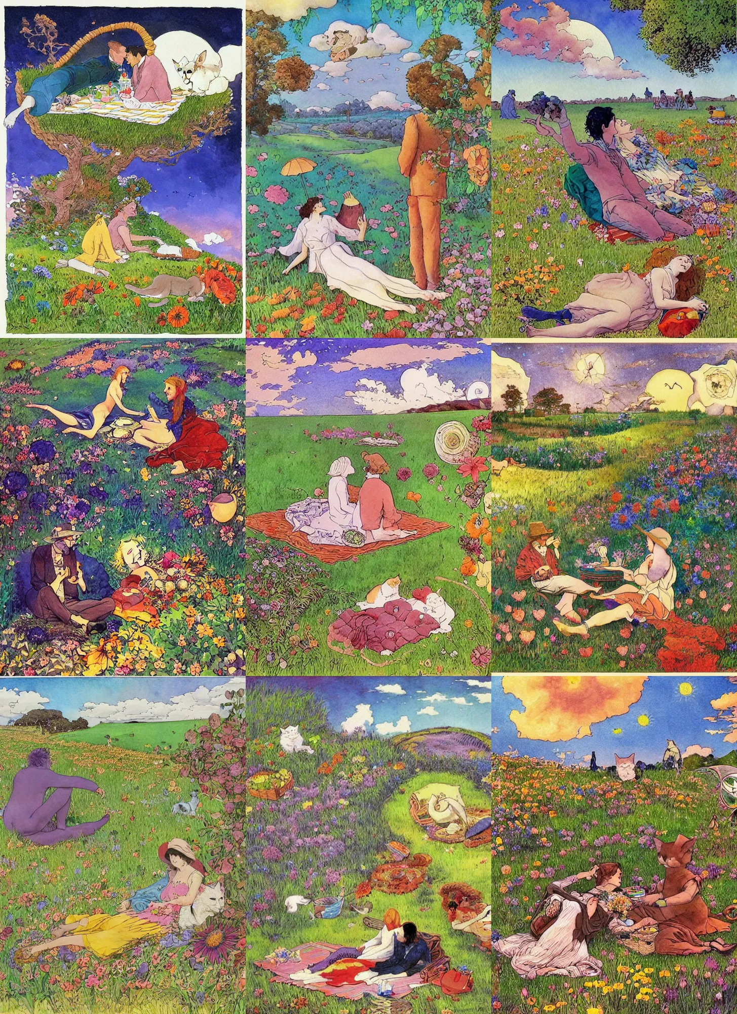 Prompt: late morning picnic scene in nature, a couple in love, fields of colorful flowers, clouds, a sleeping cat, by moebius, by jean henri gaston giraud, by jean gir, psychedelic fantasy and surrealism, watercolor with pen outlines