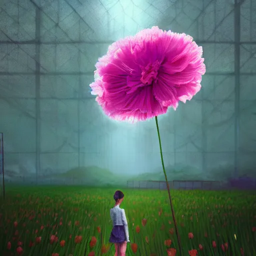 Image similar to giant carnation flower head, woman standing in greenhouse, surreal photography, dramatic light, impressionist painting, digital painting, artstation, simon stalenhag