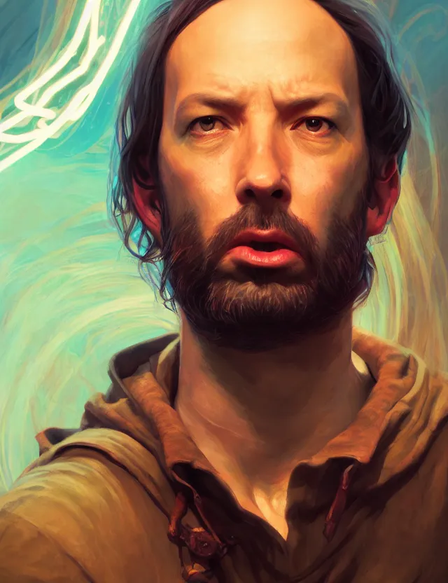 Prompt: conceptual portrait of andrew tate looking contemptuously at people, the lord of the rings, gloomy harbor, concept art of matte painting, art nouveau, beautiful illumination, swirling bright color lines, fantastically tasteless, aesthetic octane rendering, 8 k hd resolution, ilya kuvshinov, kushart krent and gilleard james