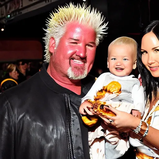 Prompt: olivia munn and guy fieri holding their baby