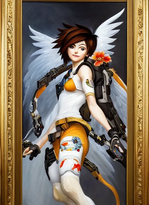 Image similar to full body oil painting of tracer overwatch in the style of sophie anderson, angel wings, white dress, dramatic painting, symmetrical composition, ornate, high detail, gold detailed collar, blooming, lights, flowers,