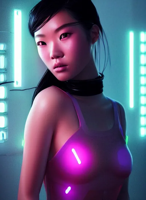 Image similar to photorealistic portrait of asian female humanoid, freckled skin, cyber neon lightings, highly detailed, cyberpunk high fashion, elegant, crispy quality, trending in artstation, trending in pinterest, glamor pose, no signature, no watermark, cinematic, octane render, art by artgerm, art by greg rutkowski, art by pascal blanche