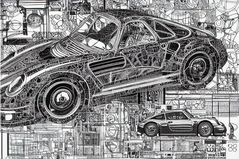 Image similar to a black and white drawing of a porsche 9 5 9 deconstructed schematic, a detailed mixed media collage by hiroki tsukuda and eduardo paolozzi and moebius, intricate linework, sketchbook psychedelic doodle comic drawing, geometric, street art, polycount, deconstructivism, matte drawing, academic art, constructivism