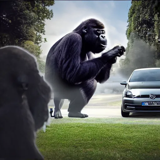 Image similar to angry gorilla smoking in front of a volkswagen polo, hyperrealistic, 4 k