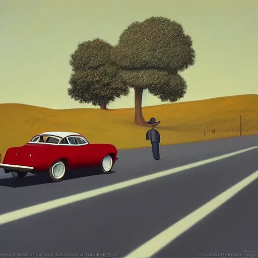 Image similar to an amazing car adventure across the country-side by Raphael, Hopper, and Rene Magritte. detailed, romantic, enchanting, trending on artstation.