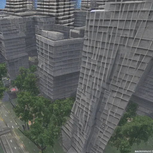 Prompt: a dystopian soviet brutalist city in cities skylines, very detailed, high quality photo, designed by David Adjaye, architecture by Kengo Kuma