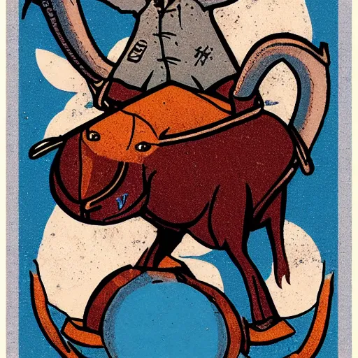 Prompt: blue ox, rider - waite art style, tarot card