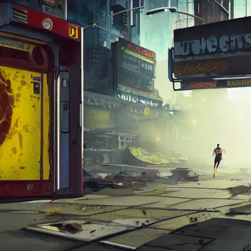 Prompt: incredible wide screenshot, ultrawide, simple watercolor, rough paper texture, ghost in the shell movie scene, backlit distant shot of girl in a parka running from a giant robot invasion side view, yellow parasol in deserted dusty shinjuku junk town, broken vending machines, bold graphic graffiti, old pawn shop, bright sun bleached ground, mud, fog, dust, windy, scary robot monster lurks in the background, ghost mask, teeth, animatronic, black smoke, pale beige sky, junk tv, texture, brown mud, dust, tangled overhead wires, telephone pole, dusty, dry, pencil marks, genius party, shinjuku, koji morimoto, katsuya terada, masamune shirow, tatsuyuki tanaka hd, 4k, remaster, dynamic camera angle, deep 3 point perspective, fish eye, dynamic scene