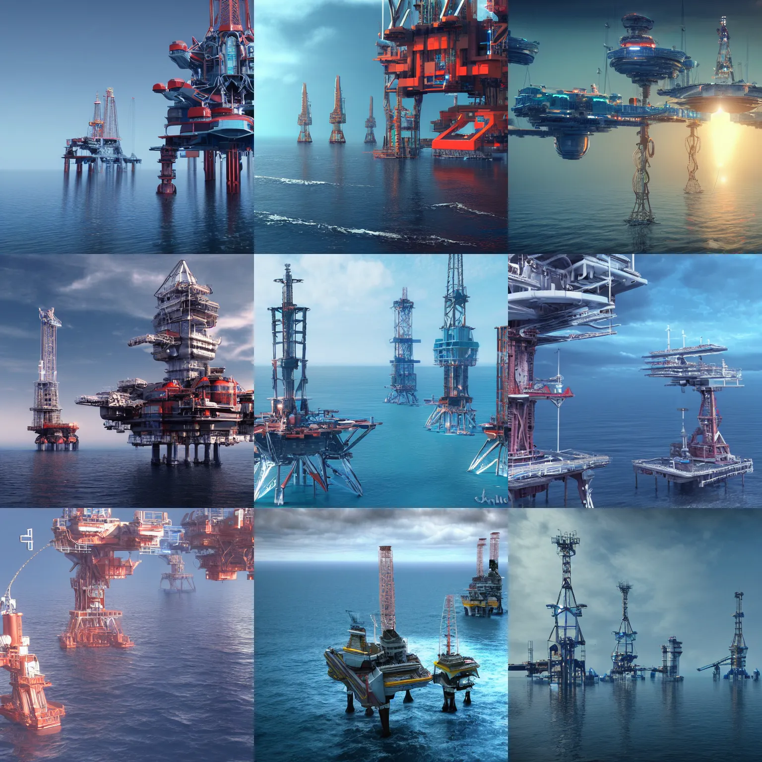 Prompt: futuristic oil rigs on the ocean, sci fi, artstation, detailed render, high quality, 8k