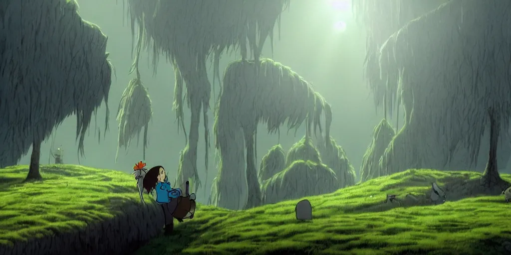 Prompt: a cell - shaded cartoon movie still from howl's moving castle ( 2 0 0 4 ) of a zombies in a flooded rainforest valley. stonehenge is seen in the background with shafts of sunlight from above. wide shot, very dull muted colors, hd, 4 k, hq