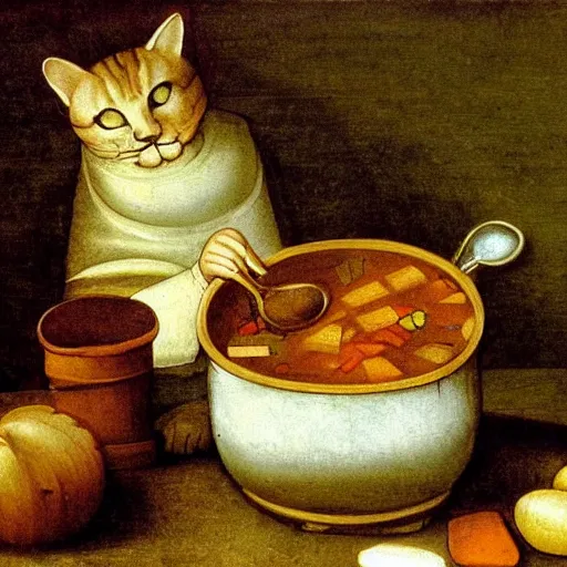 Image similar to the cat cooks soup, stirring a pot with a ladle and cutting vegetables, oil painting, drawn by Leonardo Da Vinci