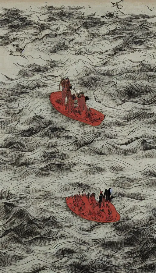 Image similar to man on boat crossing a body of water in hell with creatures in the water, sea of souls, by zeng fanzhi