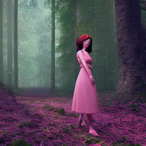 Image similar to a woman in a pink dress standing in a forest, a character portrait by ilya kuvshinov, cg society contest winner, neo - romanticism, ilya kuvshinov, daz 3 d, polycount